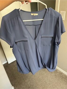 Maurices Dusty Blue V-Neck Surplice Blouse with Zip Chest Pockets